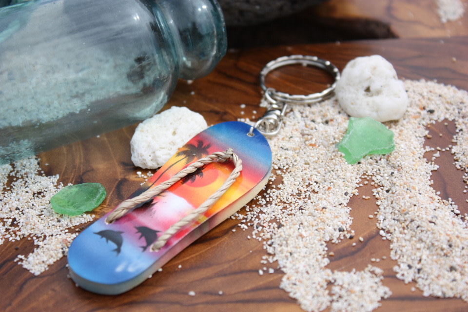Keychain Slipper w/ Dolphin and Palm Trees #1 - Hawaiian Style Keychain Slipper w/ Dolphin and Palm Trees #1 - Hawaiian Style